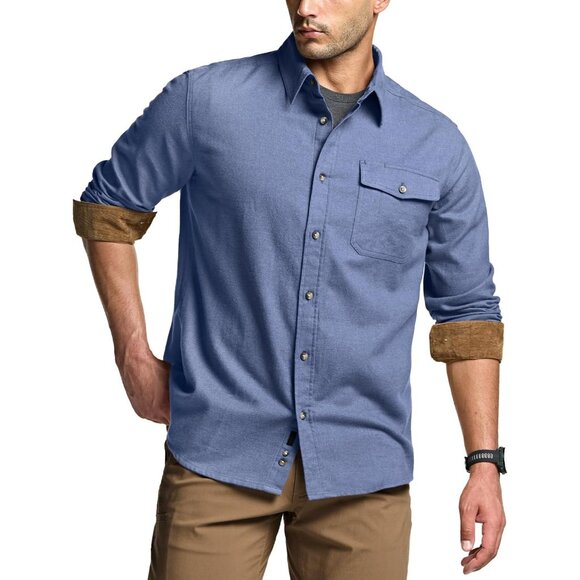 Mens  Corduroy French Blue Cotton Flannel Shirt Long Sleeve Casual Outdoor Plaid - Picture 2 of 9